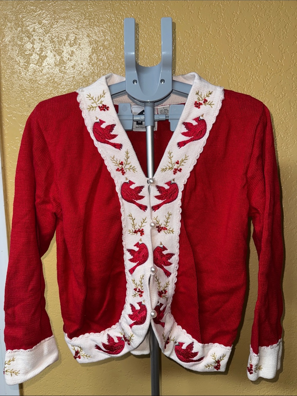 Storybook Knits Red Cardigan with White Embroidered Trim